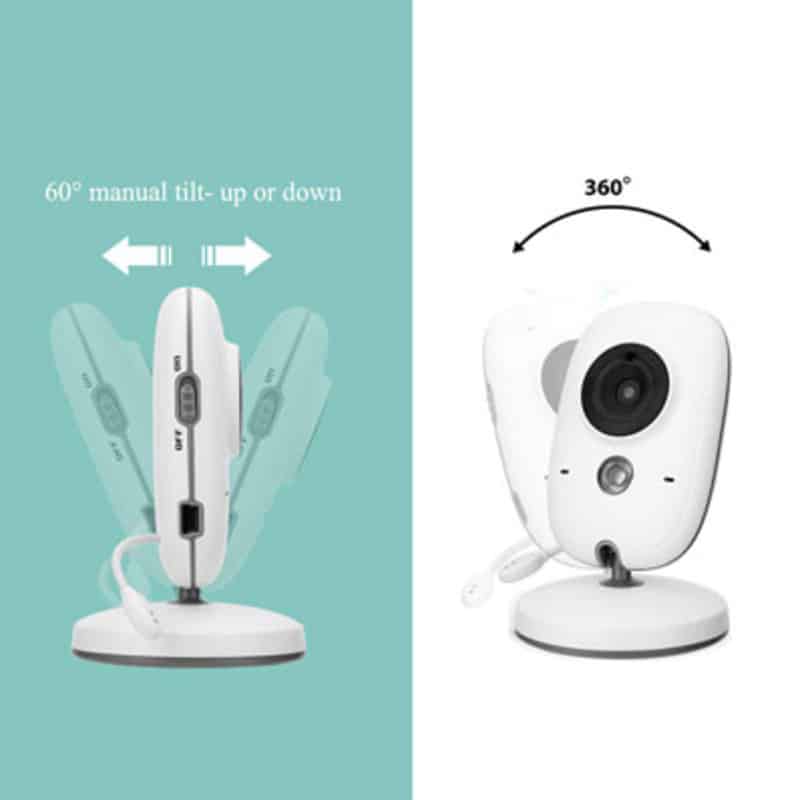 Baby Womb 3.2" Video Baby Monitor in white, features 360° rotation and 60° manual tilt for flexible viewing angles.