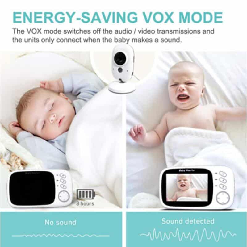Baby Womb 3.2" Video Baby Monitor with audio and night vision, showcasing VOX mode feature with baby sleeping and crying.