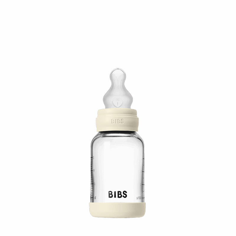 BIBS Glass Baby Bottle in Baby Blue with silicone base, 120 ml capacity, features a slow flow nipple.