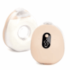 Mommy Material Freely Double Wearable Breast Pump in soft beige with a digital display and transparent milk collector.