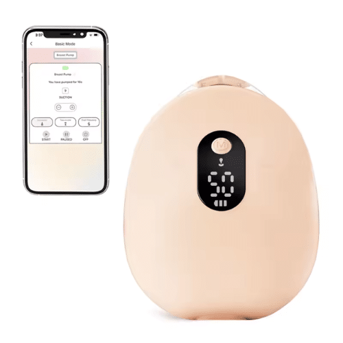 Mommy Material Freely Single Wearable Breast Pump in soft peach with digital display, next to a smartphone showing settings.