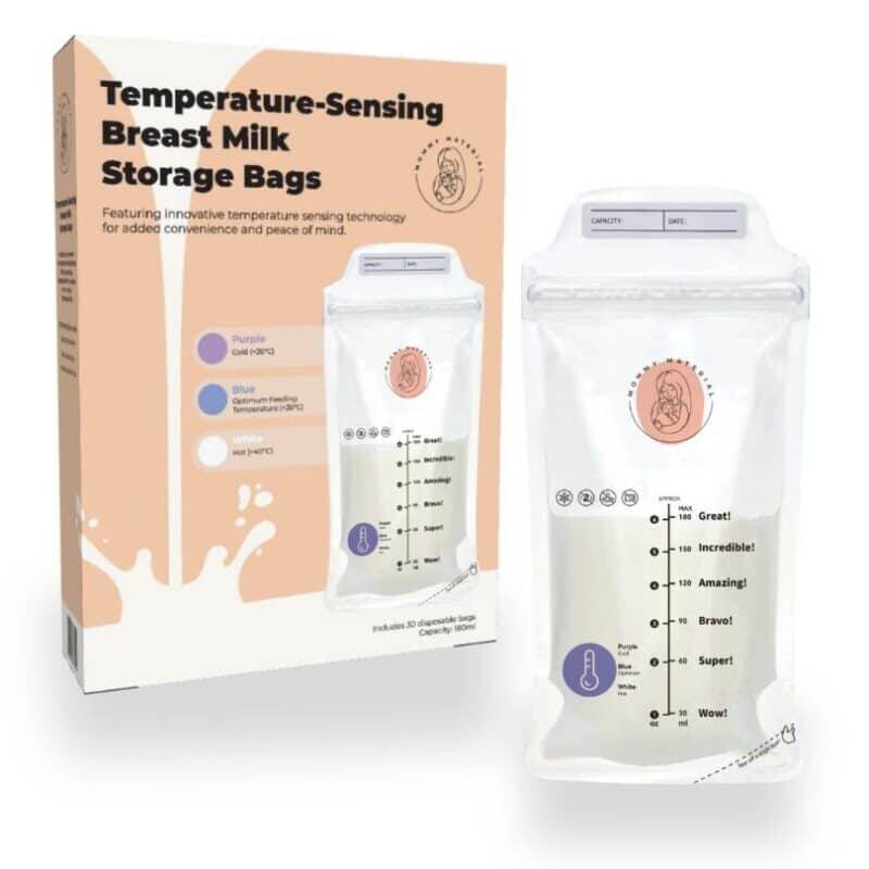 Mommy Material 30pc temperature-sensing breast milk storage bags with clear design and measurement markings for easy use.