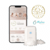 Mylee Milk Sensing Device in white with a smartphone displaying milk maturation data and baby weight tracking.