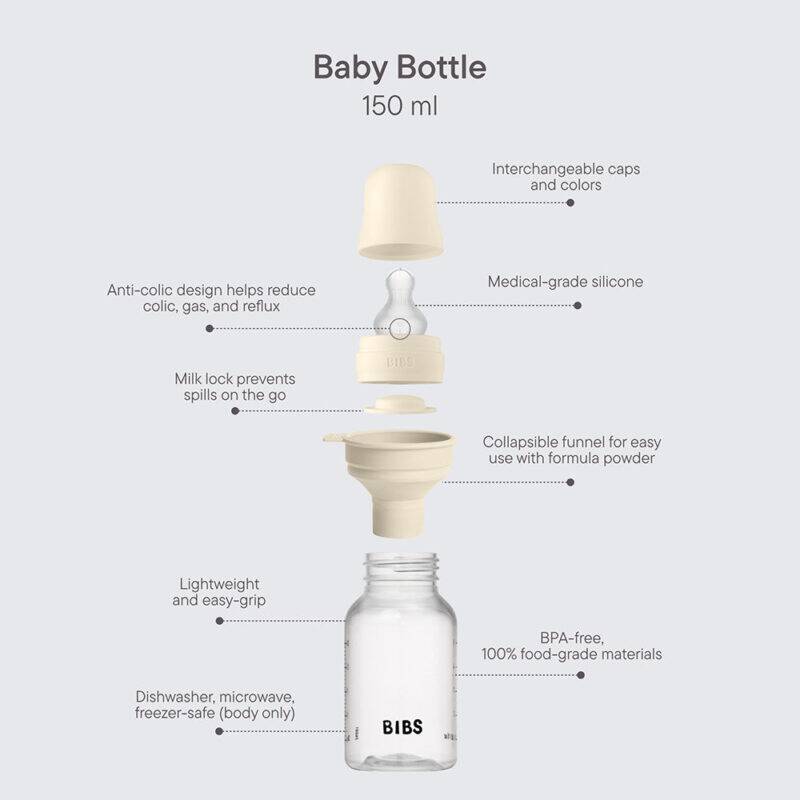 BIBS Glass Baby Bottle in Baby Blue with silicone cap, 120 ml, features anti-colic design and milk lock for spills.