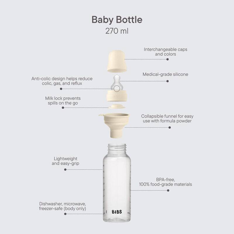 BIBS Glass Baby Bottle in Baby Blue with a medium flow silicone nipple, showcasing interchangeable caps and lightweight
