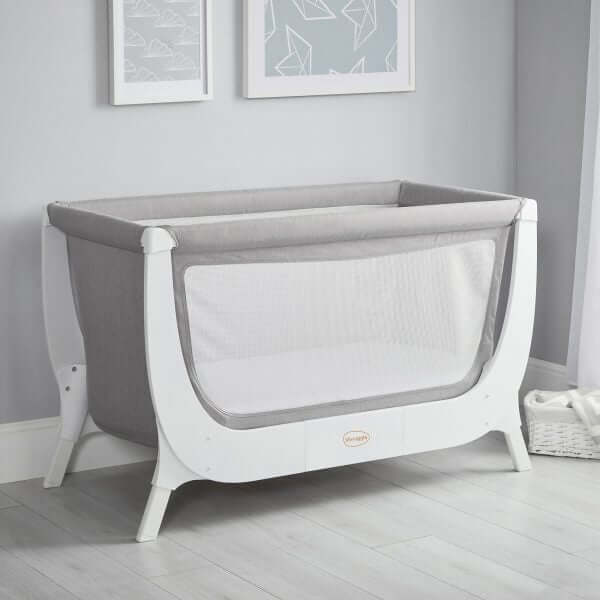 Shnuggle Air Cot Conversion Kit in Dove Grey, featuring a breathable mesh side and modern design, set in a nursery.