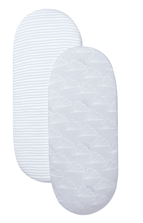 Shnuggle Dreami Moses Basket Fitted Sheets (2P) in grey featuring striped and cloud patterns.