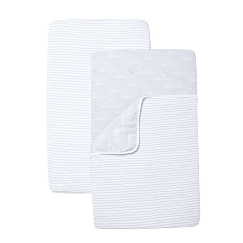Shnuggle 100% Cotton 3-pack Air Crib Bedding Set in soft gray with cloud and stripe patterns.