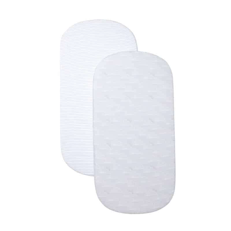 Shnuggle Air Cot Fitted Sheets in white, featuring one striped and one patterned design, suitable for nursery gear.