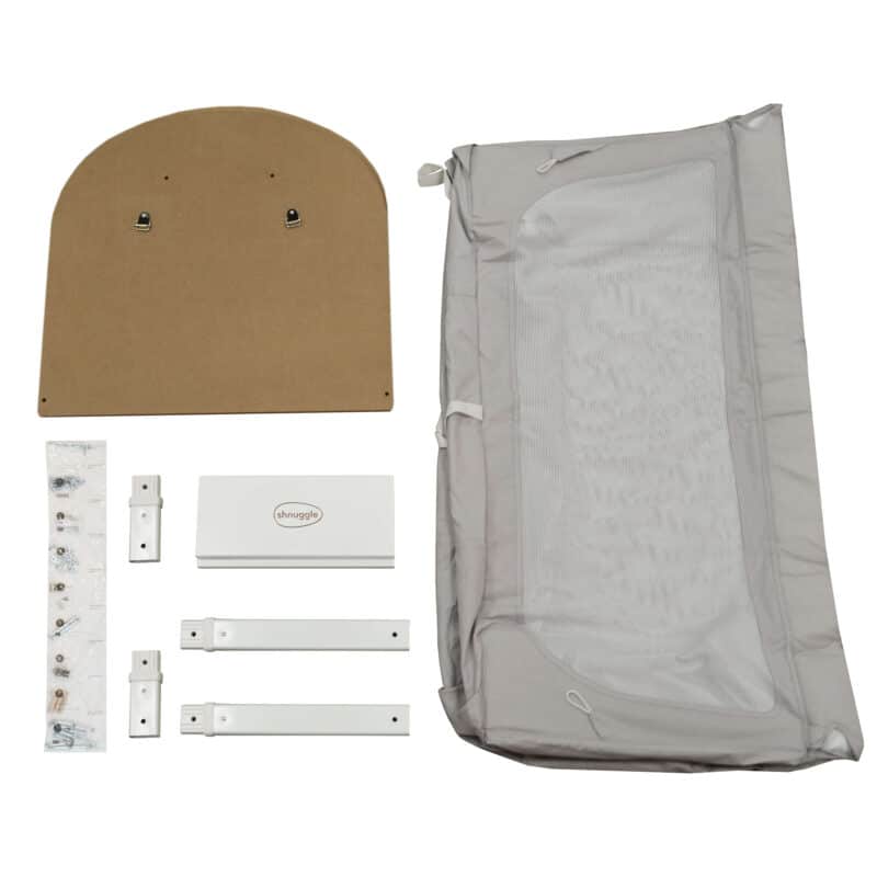 Shnuggle Air Cot Conversion Kit in Dove Grey and Stone Grey, includes fabric, base, and assembly hardware for easy setup.