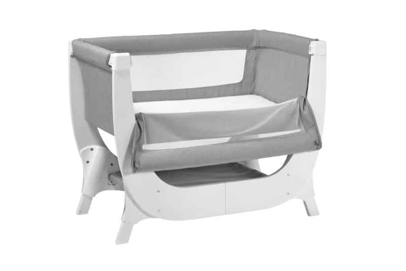 Shnuggle Air Bedside Crib in Dove Grey with a mesh side panel for breathability and easy access.