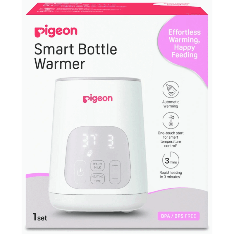 Pigeon Smart Bottle Warmer in white with digital display and buttons for easy temperature control.