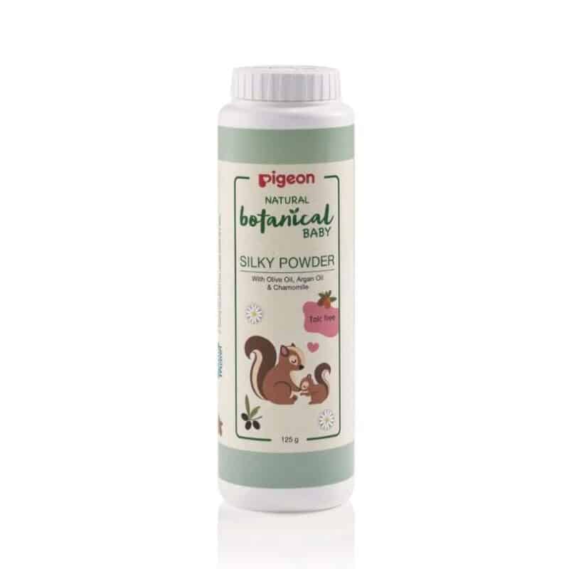 Pigeon Natural Botanical Baby Silky Powder 125 GM in a green and white bottle featuring a squirrel illustration.