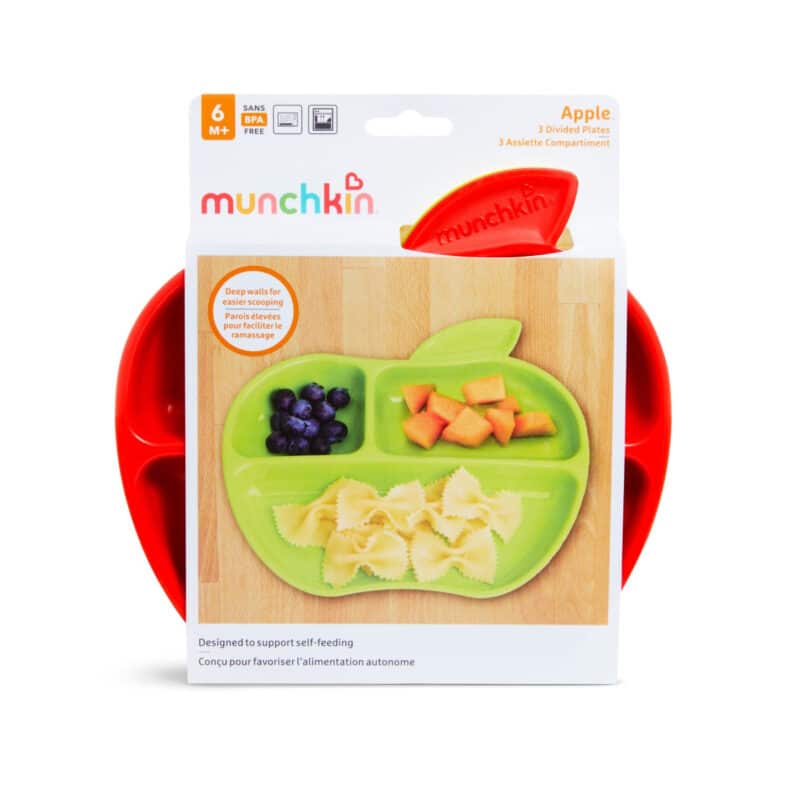 Munchkin 'lil Apple Plates 3pk in green and red, featuring three divided sections for self-feeding.