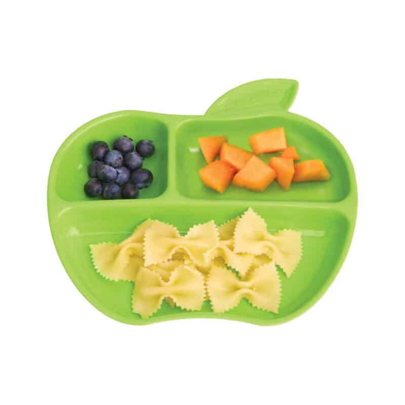 Munchkin 'lil Apple Plates 3pk in green, featuring apple shape with three sections for food.