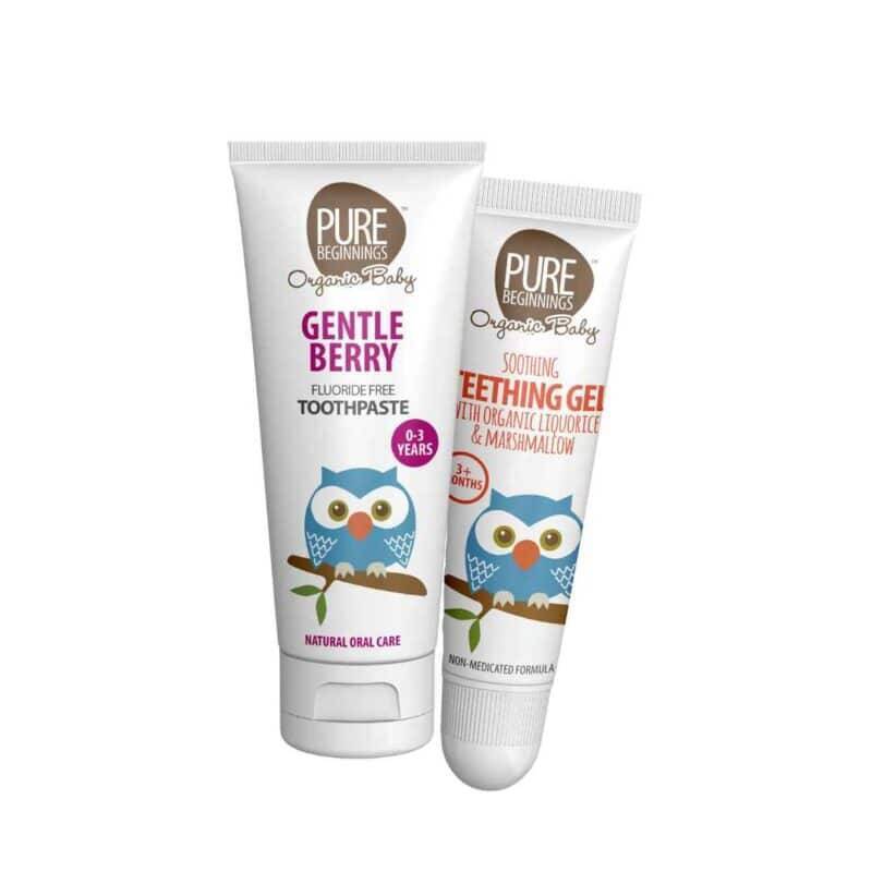 Pure Beginnings Oral Care Bundle featuring Gentle Berry fluoride-free toothpaste and soothing teething gel with organic