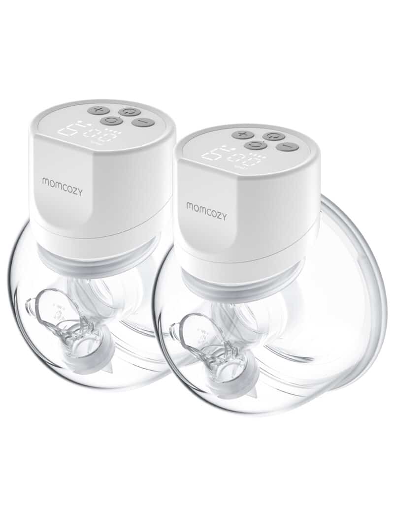 Momcozy Breast Pump S12 Pro in white, featuring dual pumps with digital display and ergonomic design for comfortable use.