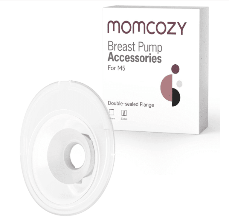 Momcozy double-sealed flange for M5 breast pump, available in 24mm and 27mm sizes, with a clear design and packaging.