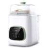 Momcozy KleanPal Pro Baby Bottle Washer, Sterilizer and Dryer in white and green with digital display and sterilizing basket.