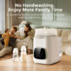 Momcozy KleanPal Pro Baby Bottle Washer in a modern living room, showcasing bottles and a family enjoying time together.
