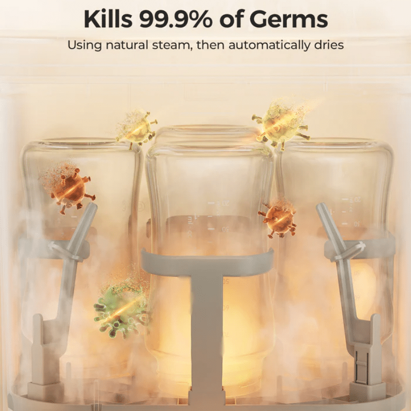 Momcozy KleanPal Pro Baby Bottle Washer sterilizing bottles with steam, showcasing its germ-killing feature in action.