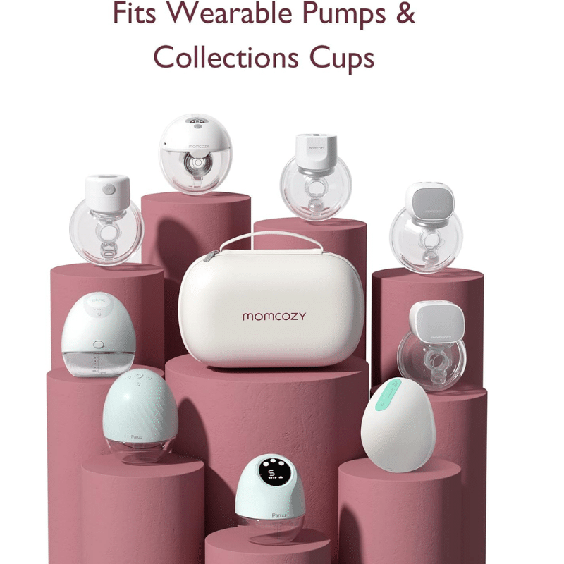 Momcozy Breast Pump Bag in white, designed to hold two wearable breast pumps, displayed with various pump models on pink