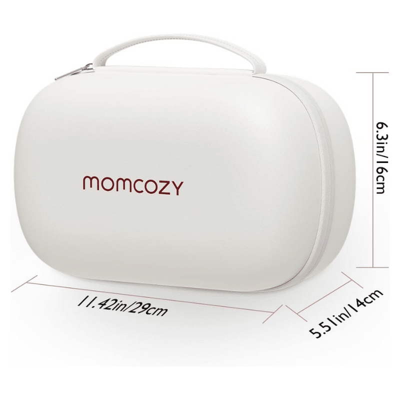 Momcozy Breast Pump Bag in white, designed for hands-free wearable pumps, features a sturdy handle and compact size.
