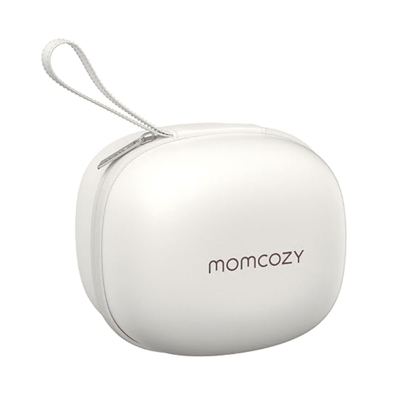 Momcozy Breast Pump Bag in white, designed to hold one hands-free wearable breast pump, features a zip closure and handle.