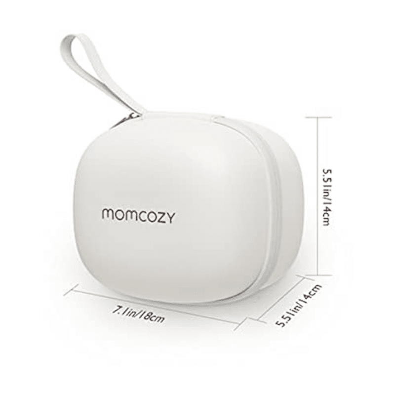 Momcozy Breast Pump Bag in white, designed to hold one hands-free wearable breast pump, featuring a zip closure and handle.