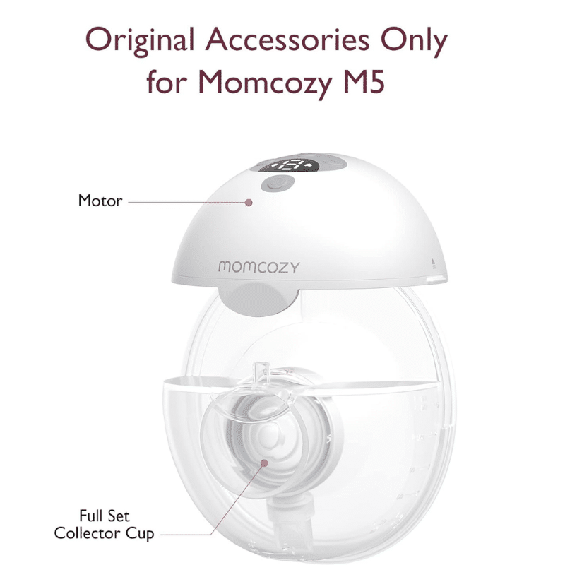 Momcozy Milk Collection Container Set for M5, featuring a clear full cup and white motor, designed for efficient milk