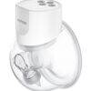 Momcozy Breast Pump S12 Pro in white with a clear collection cup, showcasing its compact design and control buttons.