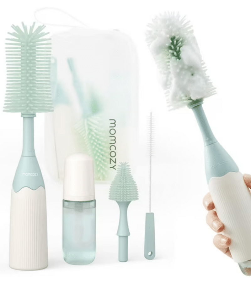 Momcozy Bottle Brush Kit in mint green, featuring a large brush, small brush, cleaning wand, and storage pouch.