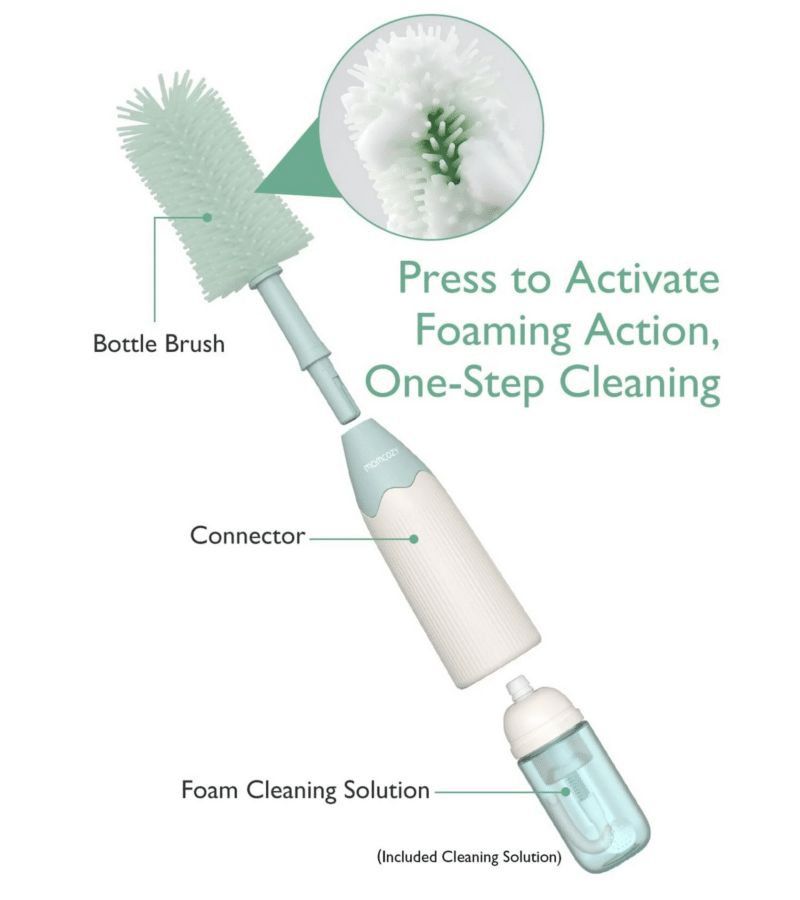Momcozy Bottle Brush Kit featuring a foaming bottle brush with a connector and included cleaning solution for easy one-step