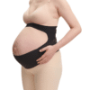 Momcozy Pregnancy Belly Band in black, designed for support with a cut-out feature, worn by a pregnant woman.