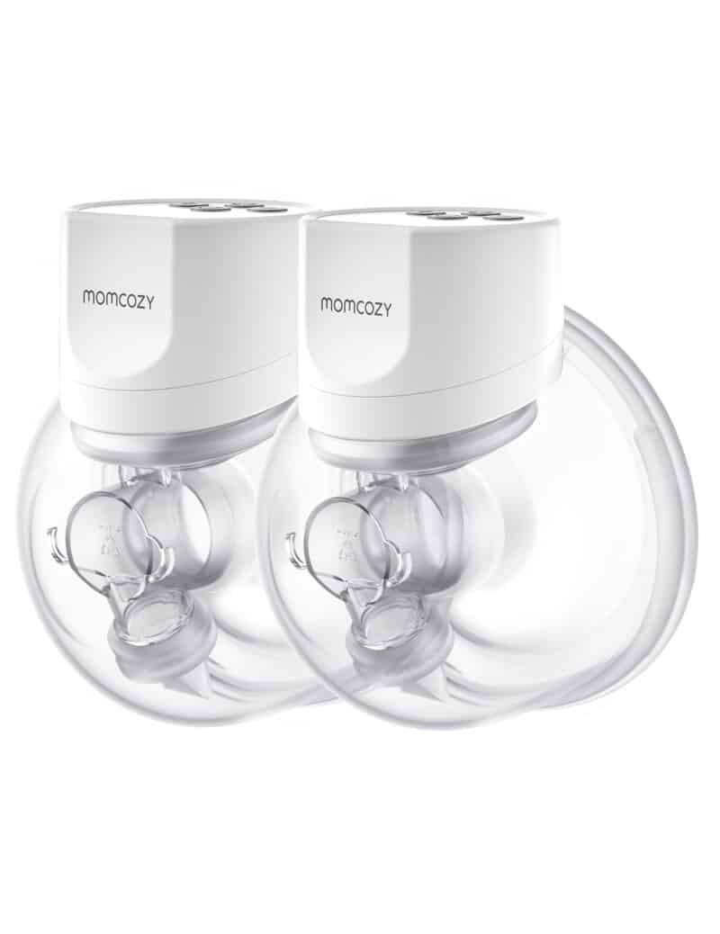 Momcozy Breast Pump S12 Pro in white, featuring two breast pump units with clear collection cups for efficient pumping.