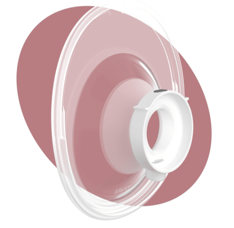 Momcozy Double-Sealed Flange for M5 Breast Pump, 24mm size, featuring a clear design with a white connector.