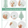 Momcozy Bottle Brush Kit featuring three brush head sizes for effective cleaning, shown in hands with baby bottles.