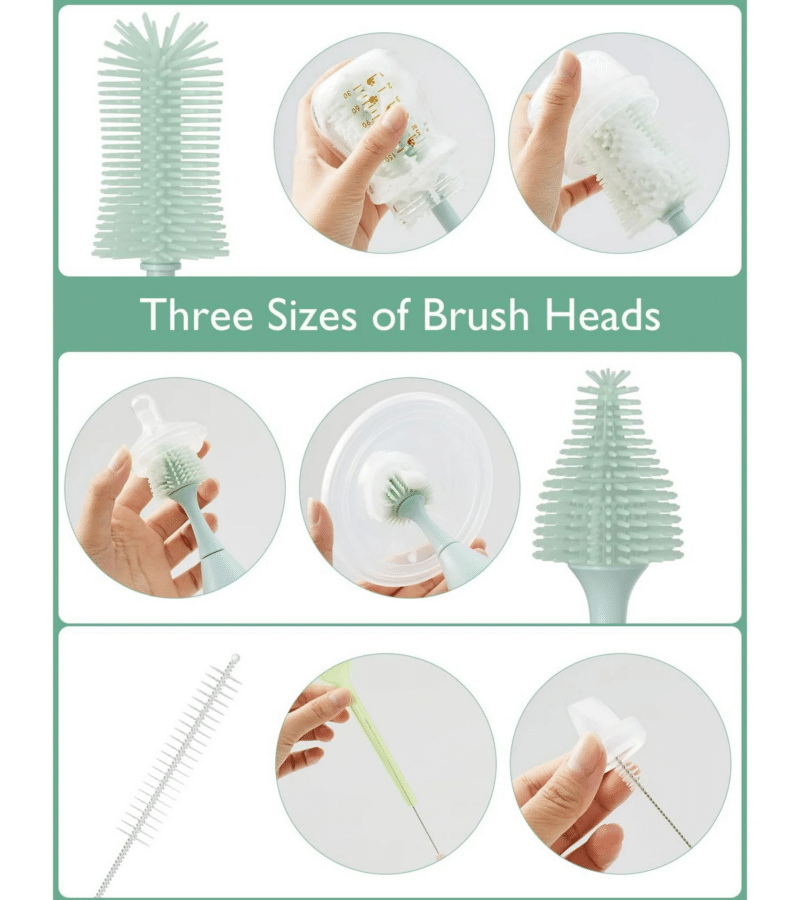 Momcozy Bottle Brush Kit featuring three brush head sizes for effective cleaning, shown in hands with baby bottles.