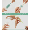Momcozy Bottle Brush Kit featuring a bottle brush, breast pump brush, soap dispenser, and straw brush in use.