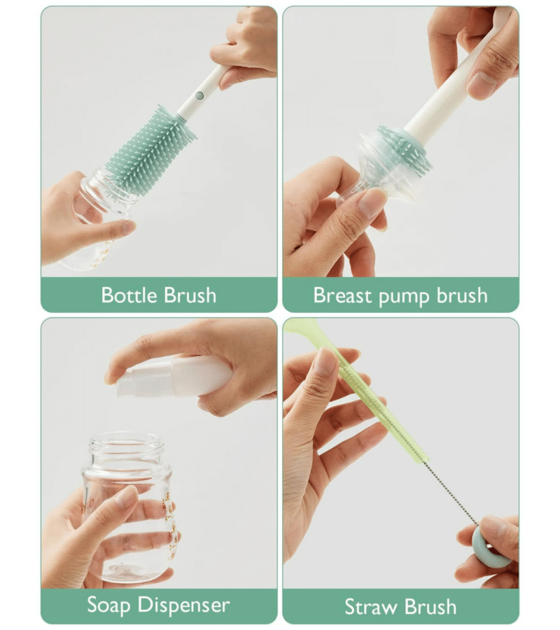Momcozy Bottle Brush Kit featuring a bottle brush, breast pump brush, soap dispenser, and straw brush in use.