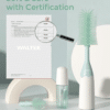 Momcozy Bottle Brush Kit in mint green, featuring a soft bristle brush and a cleaning spray bottle, with certification