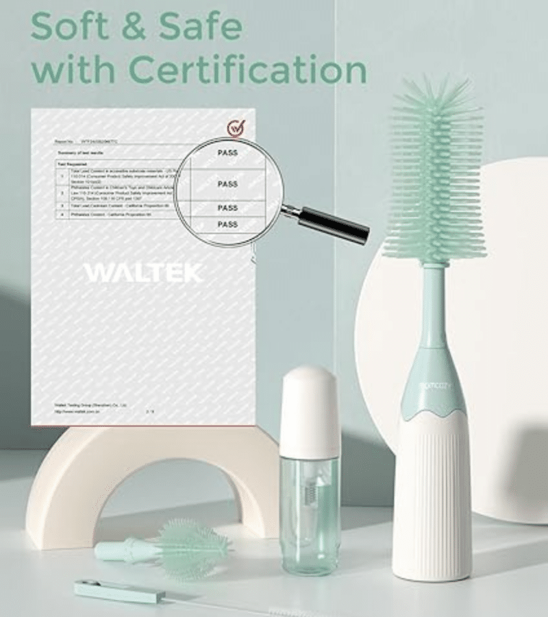 Momcozy Bottle Brush Kit in mint green, featuring a soft bristle brush and a cleaning spray bottle, with certification