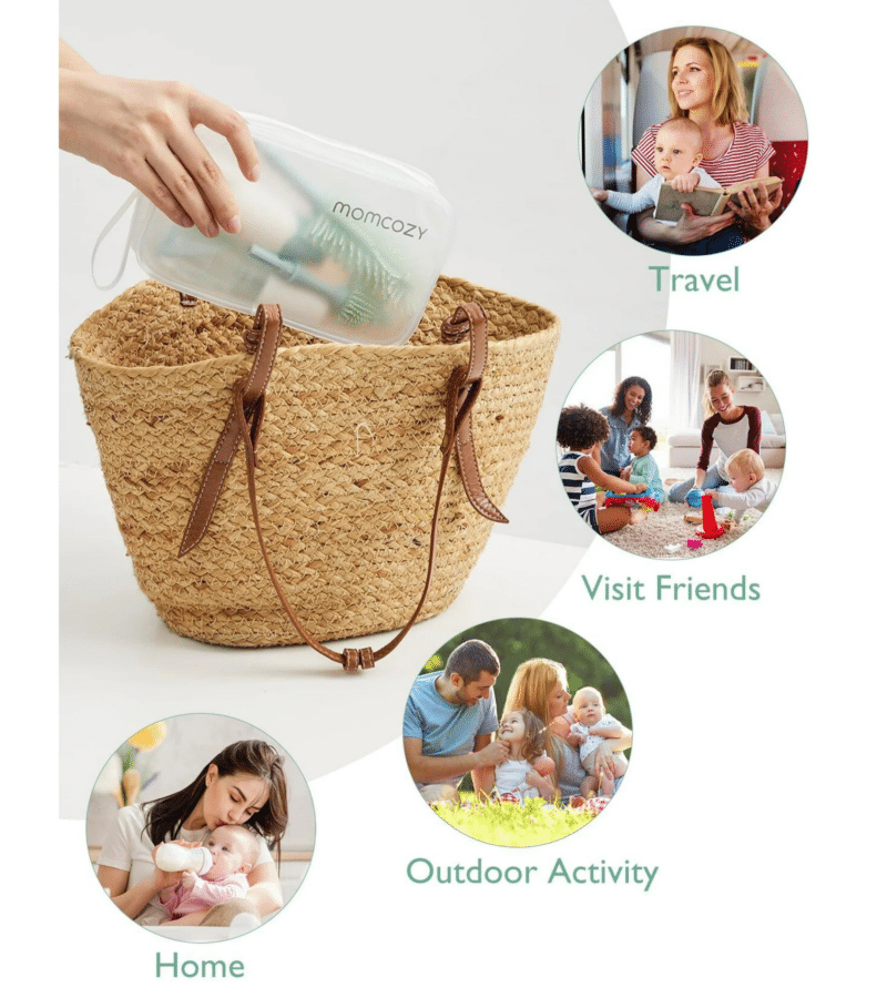 Momcozy Bottle Brush Kit in a stylish bag, showcasing versatility for home, travel, and outdoor activities with family.