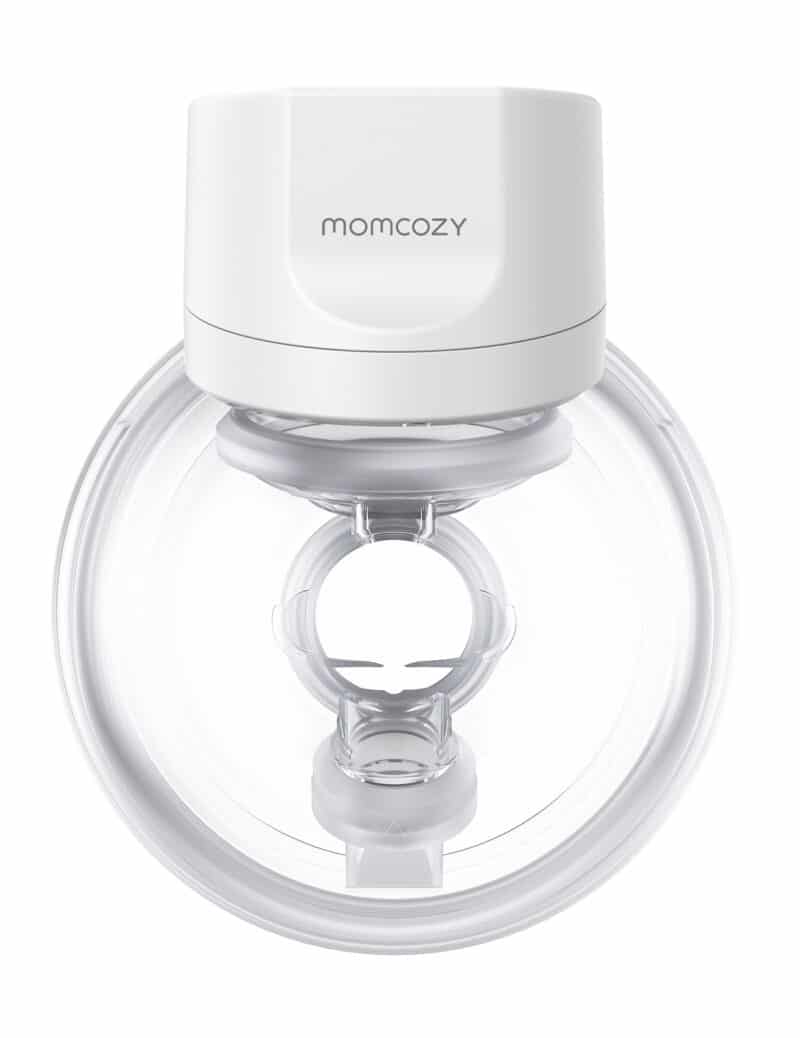 Momcozy Breast Pump S12 Pro in white, featuring a clear collection cup and compact design for easy use.