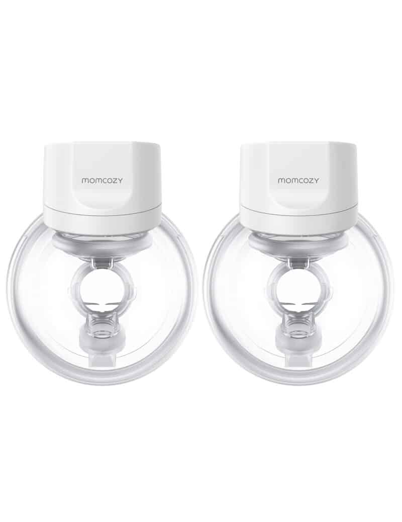 Momcozy Breast Pump S12 Pro, featuring two clear collection cups with white tops for efficient milk expression.