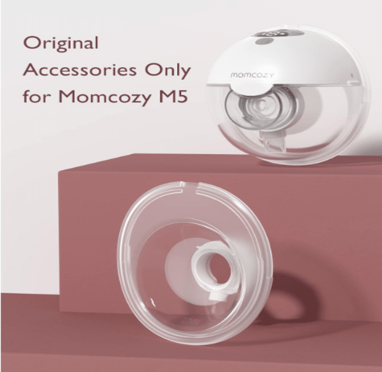 Momcozy Double-Sealed Flange for M5 Breast Pump, clear design, showcasing flange detail on a maroon background.