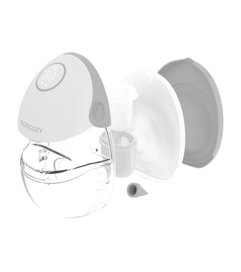 Momcozy M6 Single Wearable Hands-Free Breast Pump in grey and red, showcasing its transparent collection cup and detachable