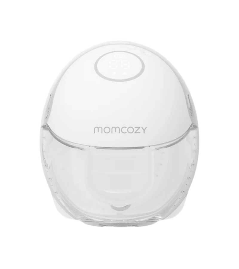 Momcozy M6 Single Wearable Hands Free Breast Pump in grey with a clear front, showcasing its compact design and digital