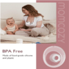 Momcozy Double-Sealed Flange for M5 Breast Pump, BPA-free, made of food-grade silicone, shown with a mother and child.