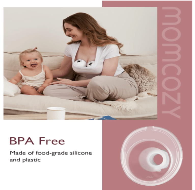 Momcozy Double-Sealed Flange for M5 Breast Pump, BPA-free, made of food-grade silicone, shown with a mother and child.